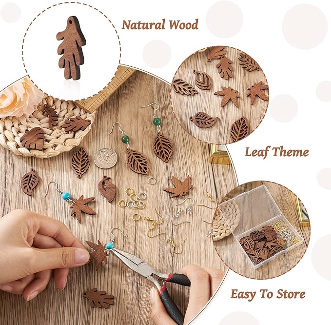Cheriswelry Wood Leaf Earring Natural Wooden Dangle Earrings Making Kit Coconut Brown Wood Leaf Charms Brass Earring Hooks Jump Rings for Women Jewelry Decoration 25-36mm (144Pcs/Box)