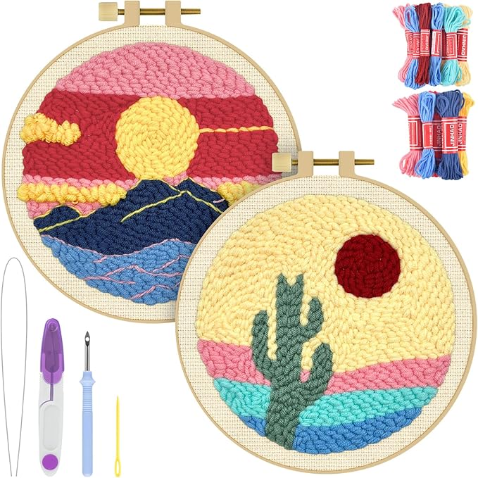 ERKOON Punch Needle Kit Adults Beginners, 2 Pcs DIY Easy Landscape Embroidery Set for Starter Art Craft, Needling Punching Project with Patterns, Tools, Yarns, Hoop, Instruction (Desert & Afterglow)