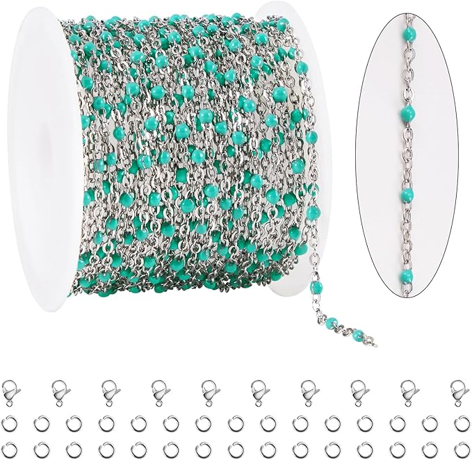 16.4 Feet Thin Stainless Steel Necklace Making Chains Bulk on Spool Turquoise Green Bead Chain for Crafts with Lobster Clasps Jump Ring Jewelry Findings