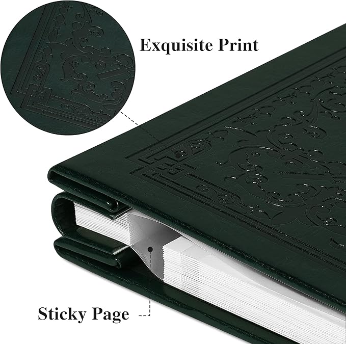 Vienrose Self Adhesive Faux Leather Photo Album with Window DIY Scrapbook Kit for 4x6 5x7 8x10 Pictures, Memory Book for Baby Kids Wedding Journal School Polaroid, 20 Sheets(40 Pages) Dark Green