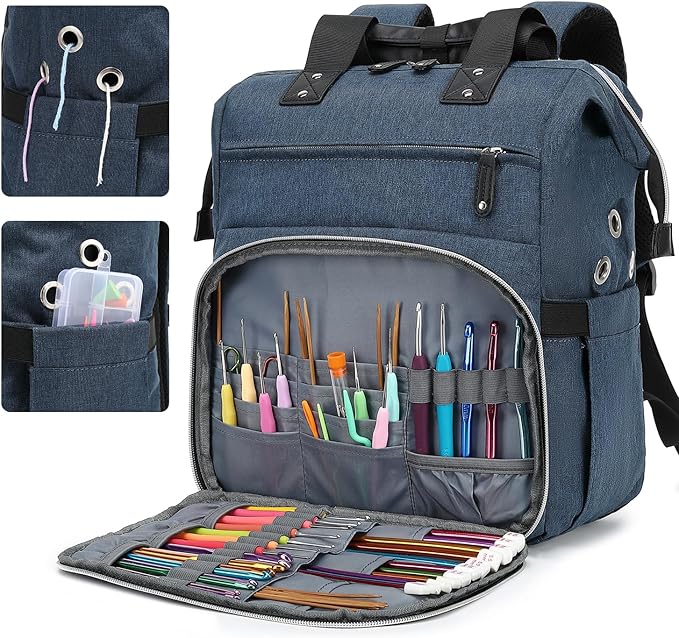 LTINVECK Crochet Backpack,Knitting Bag Backpack Yarn Storage Organizer Travel Crochet Bag,Large Yarn Tote Bag Yarn Holder Case for Knitting Needles,Crochet Hooks,Crochet Accessories,Blue