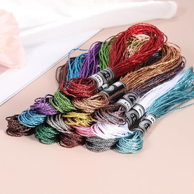 PATIKIL 12 Skeins Embroidery Floss, Metallic Embroidery Thread Nylon Threads Bracelets String for Cross-Stitch Hand Embroidery, Gold/Silver/Light Gold