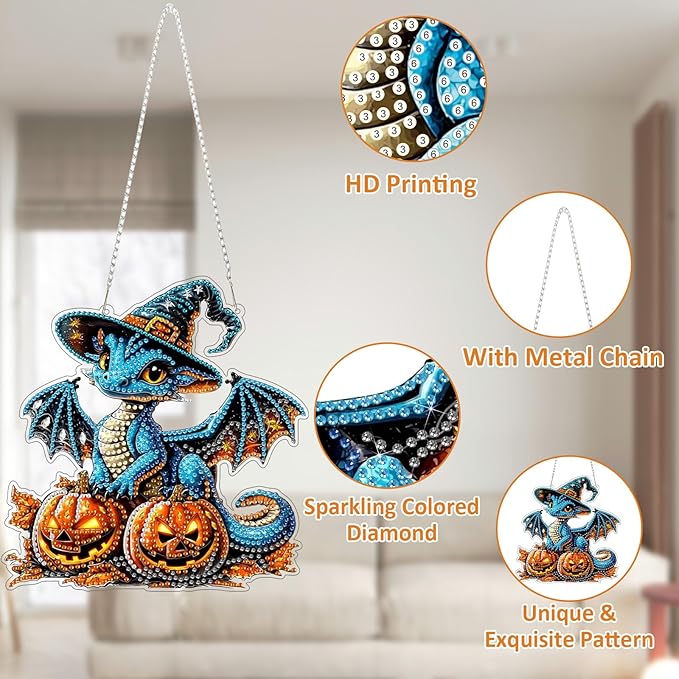 SENQAO Dragon Diamond Art Hanging Kits for Adults, Acrylic Diamonds Painting Pendant Board Kit Halloween Pumpkin, Diamond Art Painting Window Pendants Home Garden Wall Hanging Kits Hanging Ornament