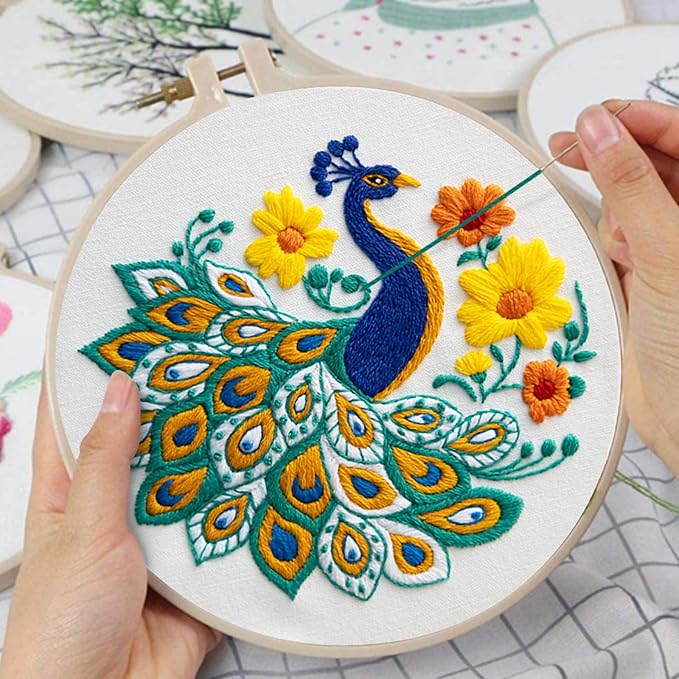 Louise Maelys Peacock Flower Embroidery Kits for Beginners,Cross Stitch Kit for Adults,DIY Needlepoint Kits Including Embroidery Hoop,Instruction and Threads