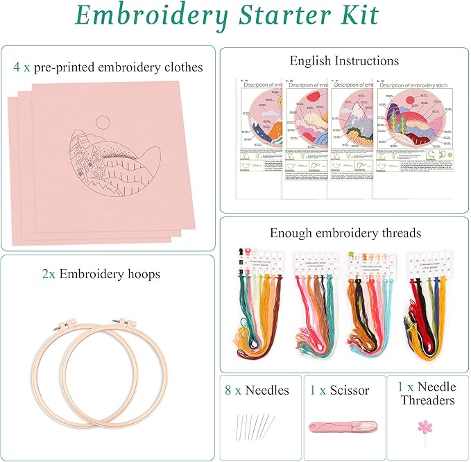 harimau 4pcs beginner embroidery kit,natural landscape pattern,cross stitch kits, including stamped embroidery cloth with 2 embroidery hoops, multicolor color threads for embroidery kits