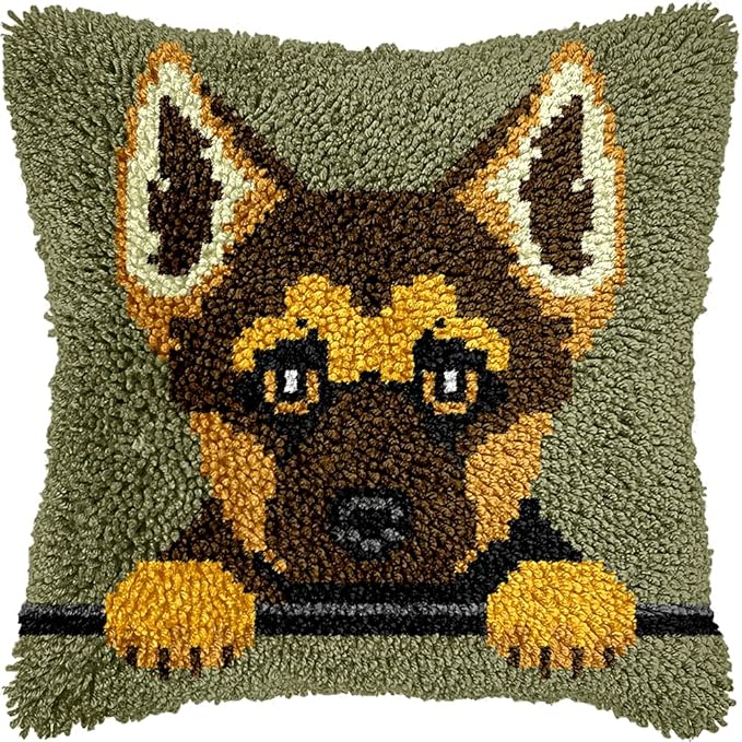 German Shepherd Puppy Latch Hook Kits for Adults Kids, Beginners DIY Throw Pillow Kit Pre-printed Pillowcase Hook and Latch Rug Kits Cross-stitch Cushion Cover for Home Sofa Decoration 17x17 inch
