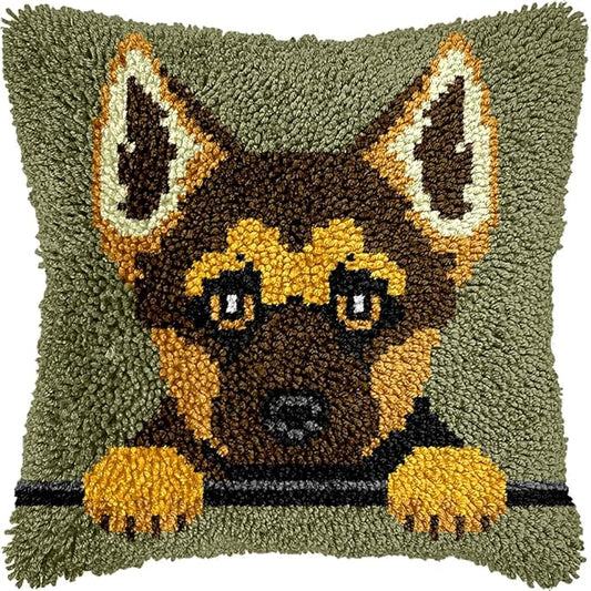 German Shepherd Puppy Latch Hook Kits for Adults Kids, Beginners DIY Throw Pillow Kit Pre-printed Pillowcase Hook and Latch Rug Kits Cross-stitch Cushion Cover for Home Sofa Decoration 17x17 inch