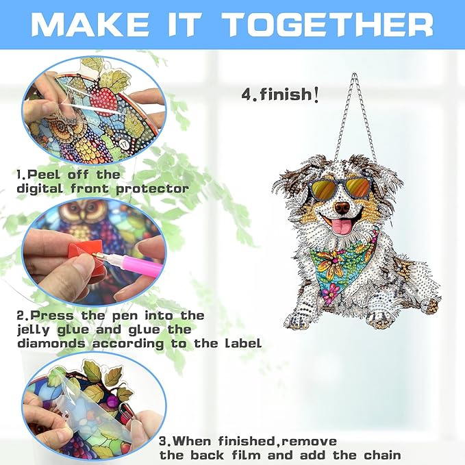 VAIIEYO 5D DIY Dog Diamond Art Hanging Ornament, Animal Diamond Painting Suncatchers Window Hanging Kit with Chain, 7.5x7.5 inch Crystal Pendant Art Craft for Gift Home Wall Front Door Decoration
