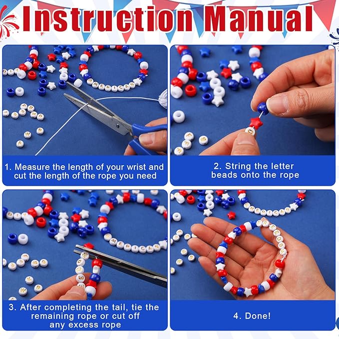 Highergo 1200 Pcs 250th Anniversary Patriotic Bracelets for Women, 4th of July Bead Bracelet Set DIY Craft Kit Red Blue White Stretch Independence Day Jewelry Accessories Outfits Festive Party