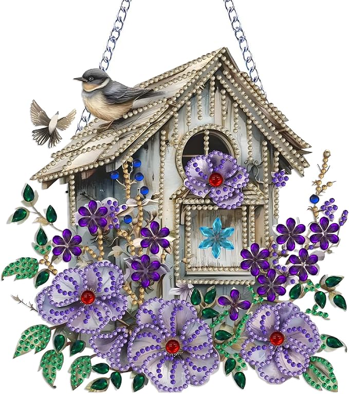 Birdhouse Diamond Art Hanging Kit for Adult Flowers Bird,Special Shaped Rhinestone,DIY Acrylic 5D Diamond Art Painting Window Pendants Home Garden Wall Hanging Kits Hanging Ornament,Double-Sided