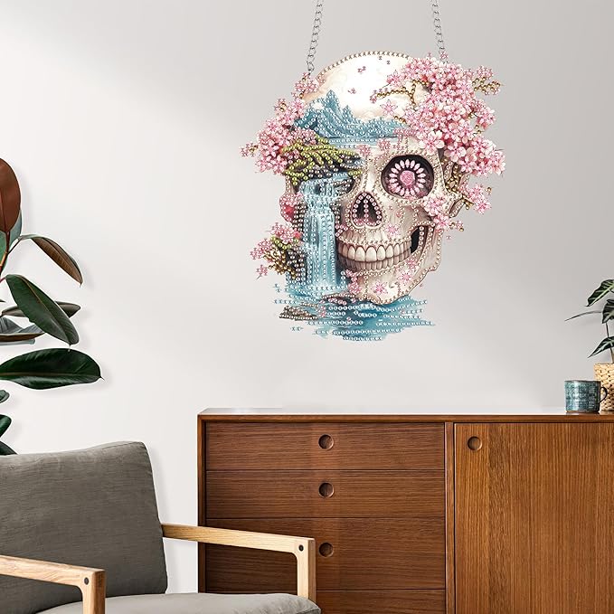 Reofrey Hanging Diamond Art Kits for Adults - 8x8 Inch Skeleton Landscape Acrylic Board Double Sided Pattern Diamond Art Suncatcher Pendant, Crystal Art for Home Wall Window Decoration Handmade Gift
