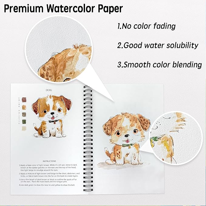 SLWBZ Watercolor Workbook Animals, 15 Different Patterns of Original DIY Designs, Beginner-Friendly Watercolor Workbooks, (Animals, Without Palette)