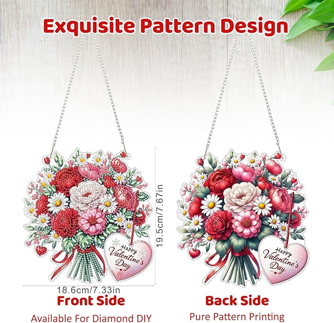 MEIYUDA Valentine's Day Hanging Diamond Art Kits for Adult, Flowers Diamond Painting Hanging Kits Ornaments, DIY Special Shaped Rhinestone Window Pendants kit for Home Garden Wall Decor Gift