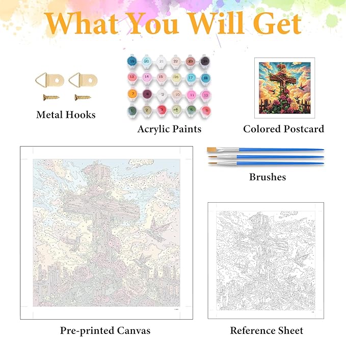 Paint by Numbers Kit for Adults Beginner Religious Cross, Flower Adult Paint by Number Kits on Canvas, Jesus DIY Acrylic Oil Painting by Numbers for Adults, Perfect for Home Wall Decor 16X16 Inch