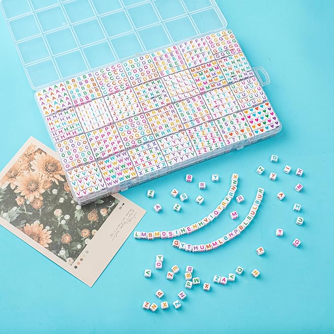 1400pcs letter beads, 6x6 mm acrylic alphabet beads, beads for jewelry and bracelet making, in 28 grid box (white and colorful)