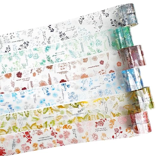 Botanical Impressions PET Tape Set – 6 Floral & Leaf Designs, Transparent Adhesive Craft Tape for Scrapbooking, Junk Journal, Card Making & DIY Decoration