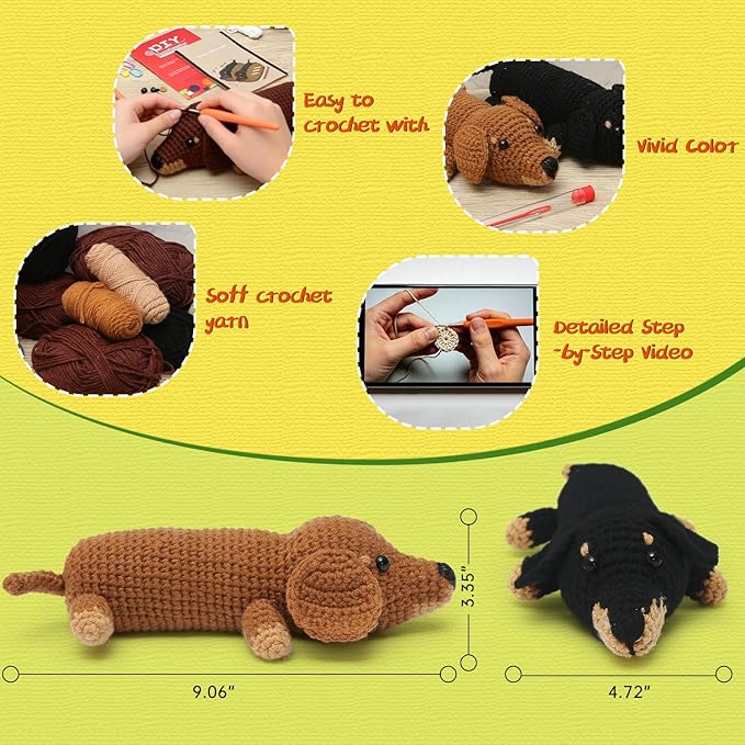 GONELYON Crochet Kit for Beginners - 2 PCS Crochet Dachshund Beginner Crochet Kit, with Step-by-Step Video Tutorials, Beginner Crochet Kit for Adults, Animal Craft Knitting Kit Crochet Gifts