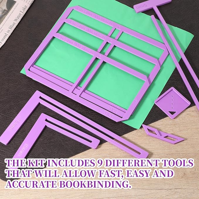 9Pcs Book Binding Easy Scrapbooking Tools, Bookbinder Stencils and Cutter Guide Kit, L T I Ruler + Corner Miter + Eyelet Guiding Bookbinding Tools for Notebook Calender Junk Journal Handbook(Purple)