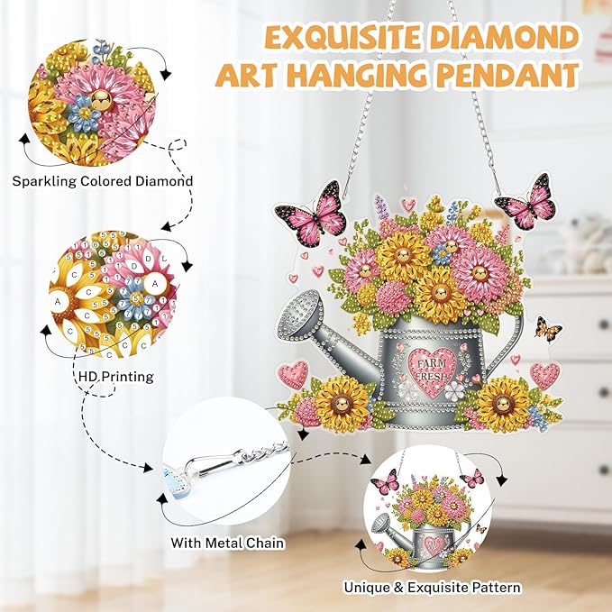 Bowetile Spring Diamond Art Hanging Kits for Adults, Diamond Art Suncatchers Flowers, 5D Special Shape Diamond Painting Farm Fresh Watering Can Pendant Window Ornament Gifts for Home Decor