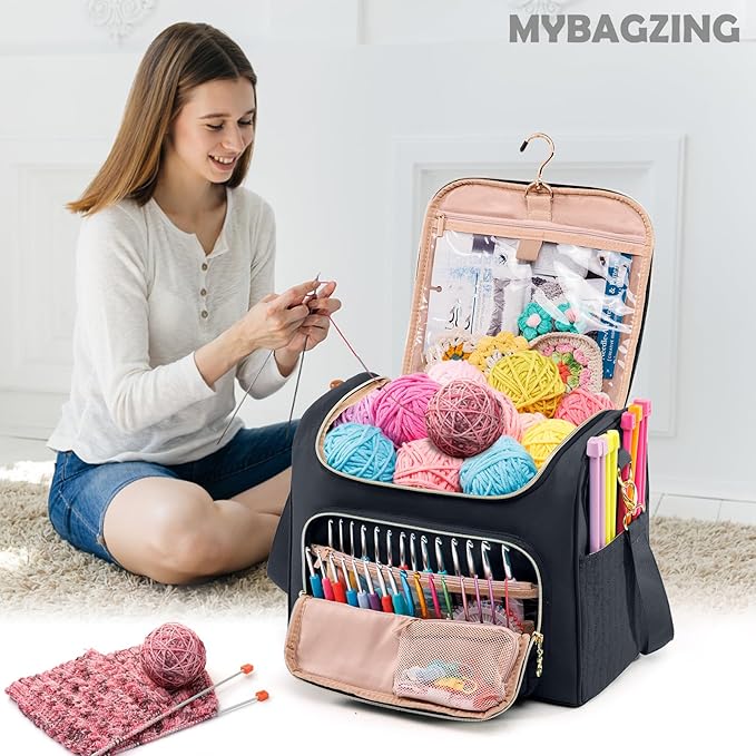 MYBAGZING Crochet Bag Organizer, Quilted Storage Bag with Hanging Hook, Yarn Holder for Knitting & Crochet Accessories, Crochet Gift for Mother's Day