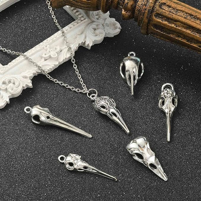 DanLingJewelry 30Pcs 6 Styles Antique Silver Raven Skull Bird Head Skeleton Charms for Halloween Jewelry Making Crafting