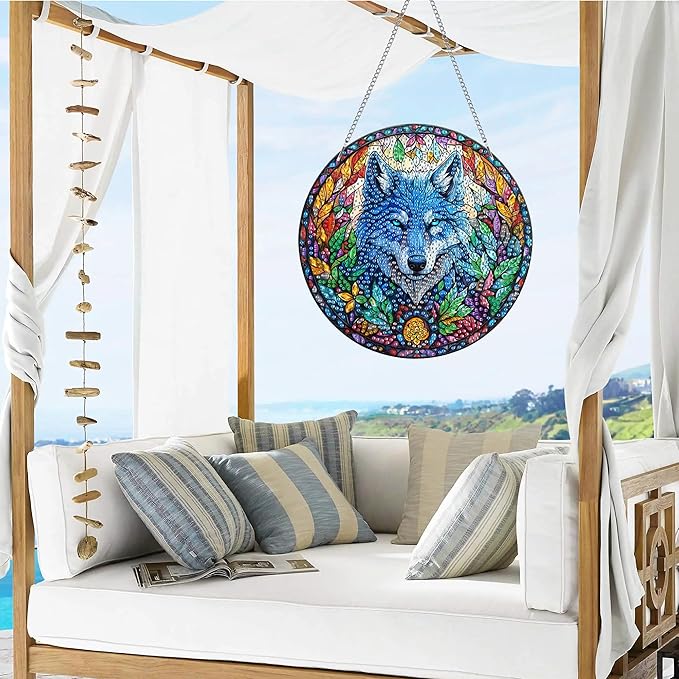 VAIIEYO Wolf Diamond Art Hanging Ornament, Animal Diamond Painting Suncatchers Window Hanging Kit with Chain, 7.5x7.5 inch Crystal Pendant Art Craft for Gift Home Wall Front Door Decoration