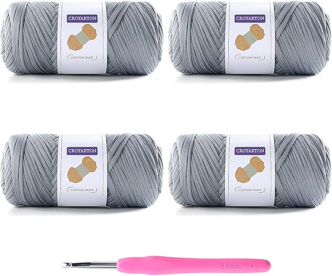 4 Pack Tshirt Yarn for Crocheting, Elastic T Shirt Spaghetti Thick Knitting Yarn Total Length 260 Yds for Crochet Bag Baskets Home Decor with 1 Crochet Hook (4-Light Gray)