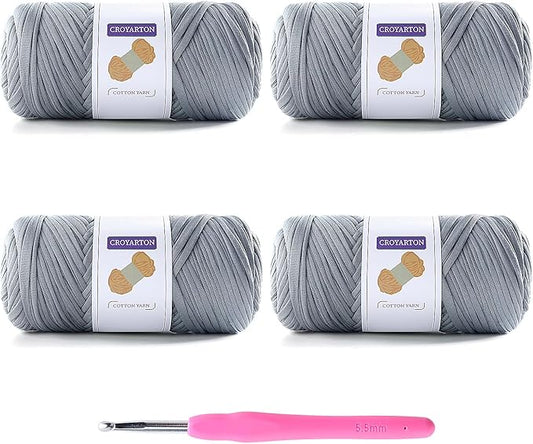 4 Pack Tshirt Yarn for Crocheting, Elastic T Shirt Spaghetti Thick Knitting Yarn Total Length 260 Yds for Crochet Bag Baskets Home Decor with 1 Crochet Hook (4-Light Gray)