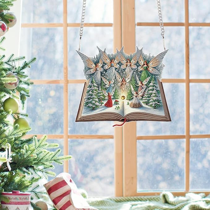 5D Christmas Diamond Painting Pendant Kit, Magic Book with Flying Elf and Snowy Forest, DIY Crystal Diamond Art Hanging Sign for Window, Door & Wall, Fantasy Home Decoration Gift, 24.1 x 20.4 cm