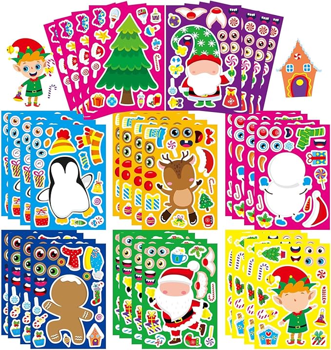 32 sheets christmas stickers for kids, make your own characters mix and match sticker, make a face stickers winter holiday gift, xmas party games sticker christmas party favor