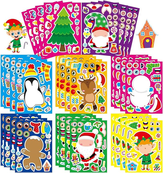32 sheets christmas stickers for kids, make your own characters mix and match sticker, make a face stickers winter holiday gift, xmas party games sticker christmas party favor