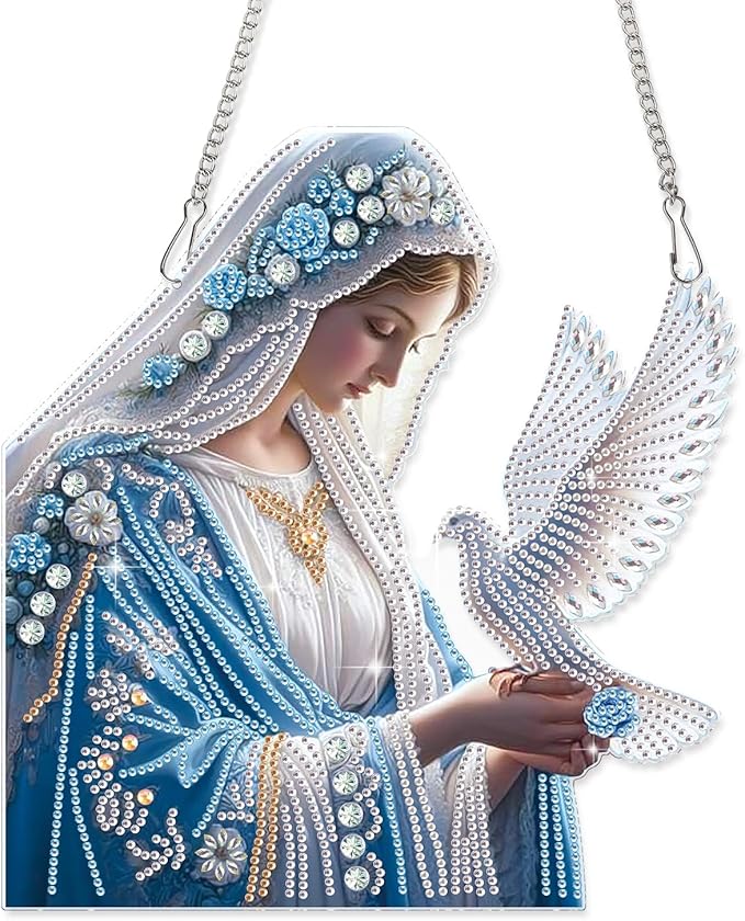 AiYuanzsh Diamond Art Hanging Kit Virgin Mary with Dove, Religious Special Shaped Diamond Painting Suncatcher Ornament for Adults DIY Spiritual Wall Window Pendant Decor