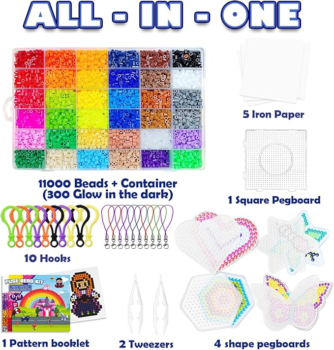 funzbo 11000 5mm fuse beads kit - 36 colors | 66 patterns, christmas arts and crafts for kids, teens and adults, toys crafts for room decorations, christmas gifts for girls, boys and kids age 5+