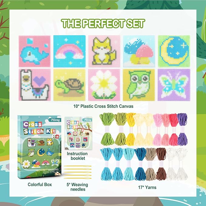 Pllieay 10-in-1 Cross Stitch Beginner Kit for Kids, Kids Embroidery Kit for Beginners Includes 10pcs Plastic Mesh Canvas with Different Pattern, 17 Colored Threads, Instructions for Christmas