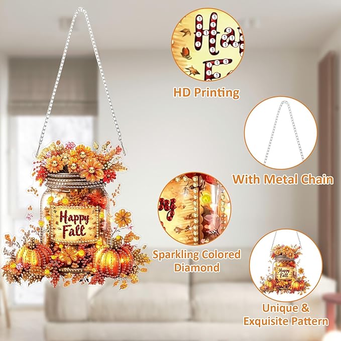 SENQAO Halloween Diamond Art Hanging Kits for Adults Beginners, DIY Acrylic 5D Special Shaped Crystal Diamond Gem Art Painting Hanging Ornament for Home Wall Decor and Gift（Happy Fall Vase Pumpkin）