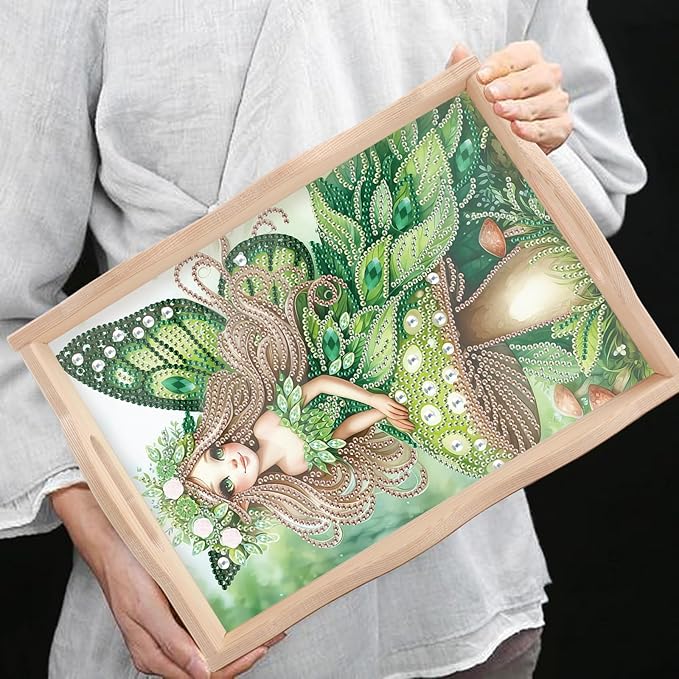 DIY Diamond Art Tray with Handle Diamond Art Painting Plate Creative Design Handmade Wooden Tray Mosaic Making Kits by Number Kit Diamond Art for Coffee Living Room Home Organizer (Green Mushroom Elf)