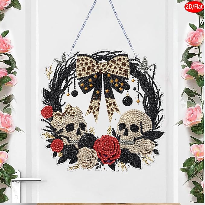 Diamond Art Kit for Adults, Special Shaped Crystal Skull Pendant, Halloween Diamond Painting Suncatcher,DIY Rose Ornament Hanging Art Acrylic Board Wreath, DIY Home Decor, 7.7 Inch