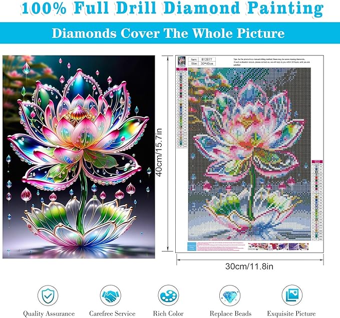 Lotus Diamond Painting Kits for Adults Beginners - Lotus Flowers Diamond Art Kits for Adults, Full Drill DIY 5D Diamond Painting Flowers Gem Art Crafts Kits for Home Wall Decor 12x16 in