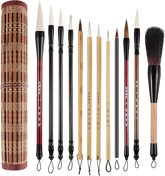 Marspark 12 Pieces Chinese Calligraphy Brushes Painting Writing Watercolor Ink Brushes Set for Kanji Japanese Sumi Drawing with Roll-up Holder