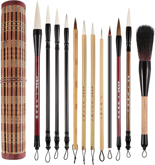 Marspark 12 Pieces Chinese Calligraphy Brushes Painting Writing Watercolor Ink Brushes Set for Kanji Japanese Sumi Drawing with Roll-up Holder