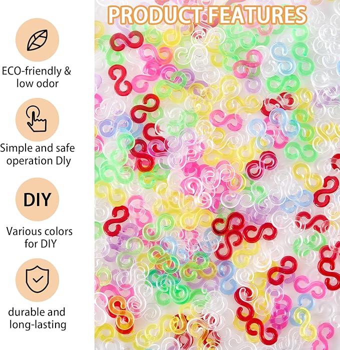XIYAOXI 600Pcs S Clips Plastic Bracelet Connectors - Clear 300 + Colorful 300 Loom Accessories for Rubber Band Bracelet Making Kit, DIY Crafts Creative Projects Rainbow Loom Charms