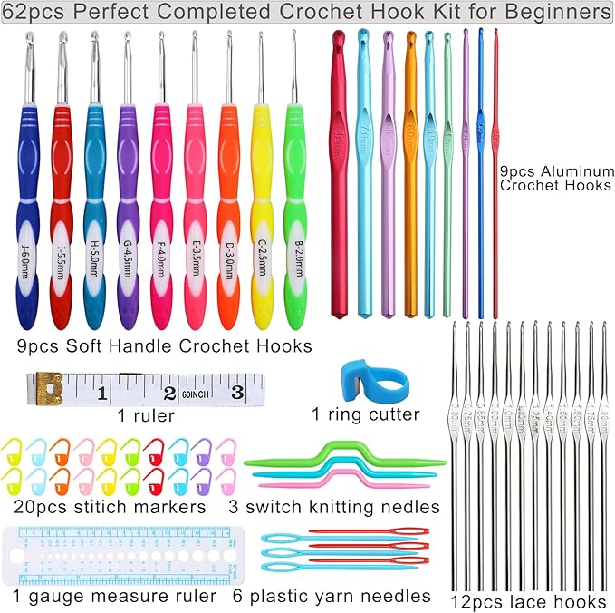LOOEN New Set Crochet Hooks Set 62pcs Crochet Kit, 9pcs Rubber Handles Hook 2.0MM-6MM and 9pcs Aluminum Hooks Hook 12pcs Lace Hooks Comfort Grip for Arthritic Hands-Accessories Included (A - Blue)