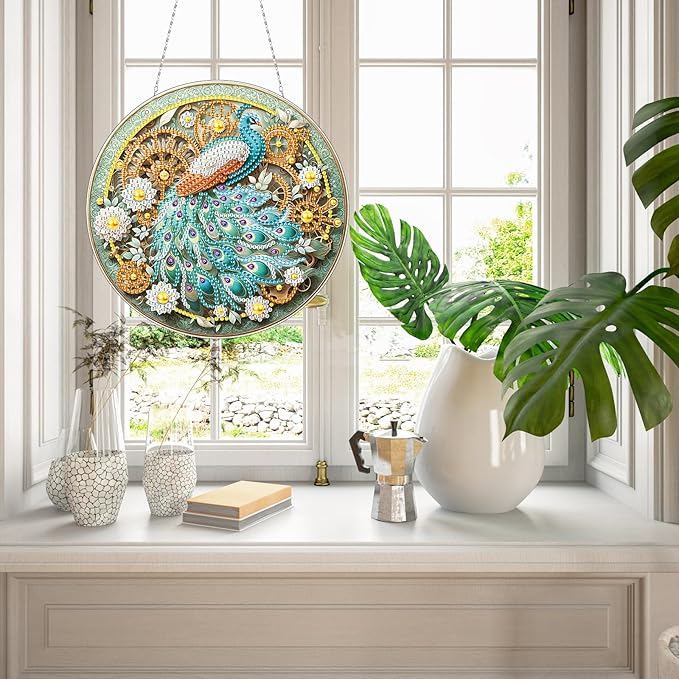 Generic DIY Hanging Diamond Pendant Special Shaped Crystal Diamond Art Painting Ornament Single Sided for Window Home Garden Wall Door Decor-Green Peafowl