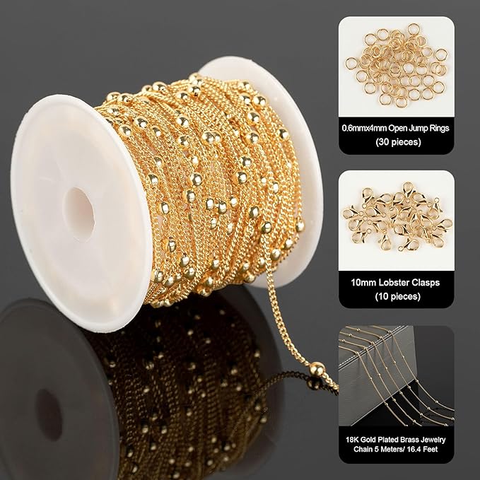 16.4 Feet/5 Meters 18K Gold Plated Brass Chain for Jewelry Making, Light Gold Beaded Necklace Chain for Women Twisted Curb Link Chain Jewelry Supplies