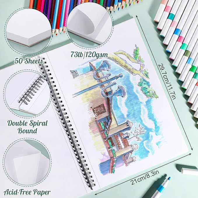 50 Sheets Marker Paper Pad, 8.3×11.7 Inch Bleedproof Art Sketch Pad, 73lb/120gsm Drawing Paper Spiral Sketch Book, Alcohol Marker Paper Painting Coloring Paper for Beginners, Artists, Gift
