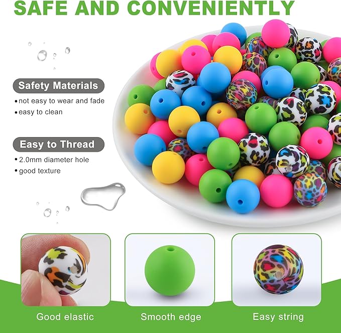 150Pcs Mixed Color 15mm Silicone Beads for Keychain Making, Pink Blue Leopard Print Silicone Beads for Pens and Bracelet Jewelry Making