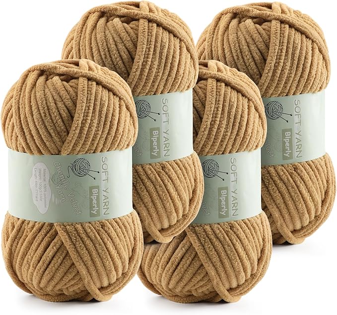 Chunky Chenille Yarn Velvet Soft Super Bulky Size 6 for Crocheting Knitting, Baby Blanket Yarn, 100g 71 Yds per Skein, Easy to Use for Scarves, Amigurumi, Crafts (4, Khaki)