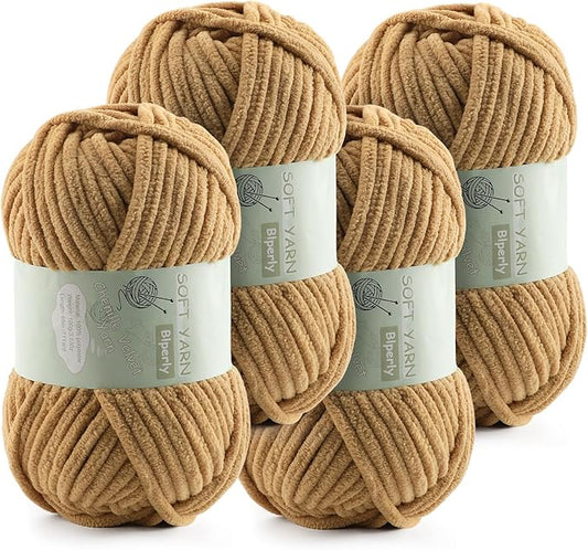 Chunky Chenille Yarn Velvet Soft Super Bulky Size 6 for Crocheting Knitting, Baby Blanket Yarn, 100g 71 Yds per Skein, Easy to Use for Scarves, Amigurumi, Crafts (4, Khaki)