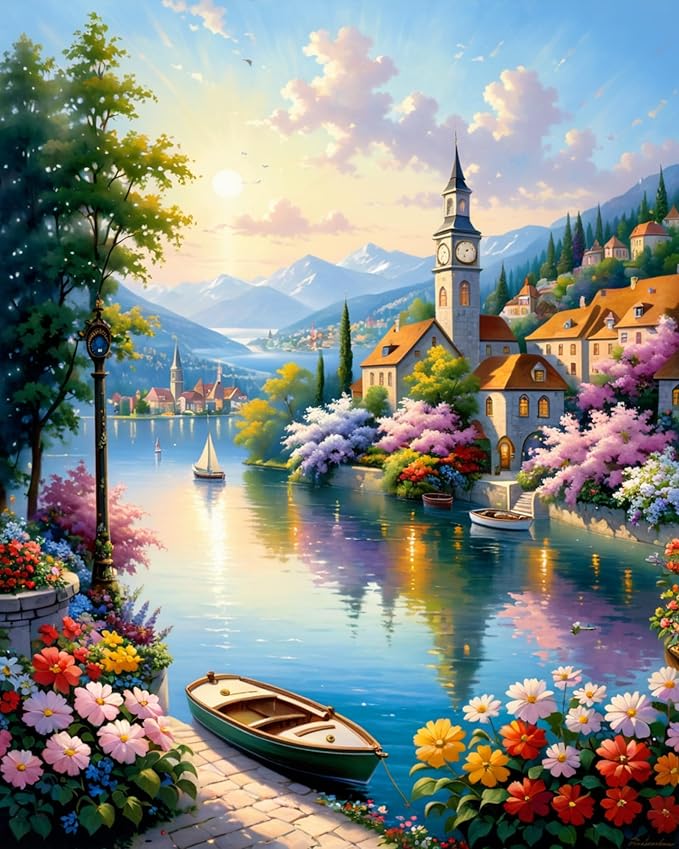 Paint by Numbers Kit for Adults Beginner,Scenery Paint by Numbers, Coastal Town DIY Oil Painting, Adult Paint by Number Kits on Canvas, Without Frame Paint by Number on Canvas for Gift Home Wall Decor