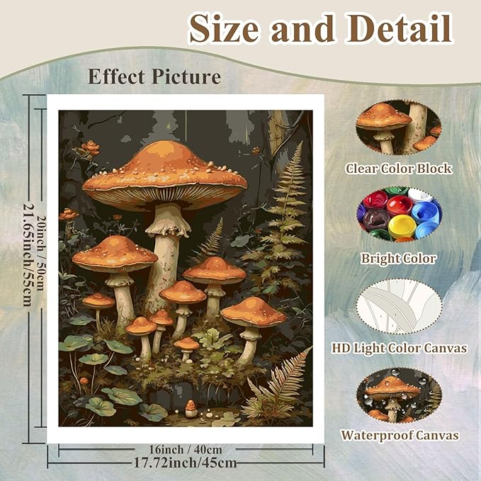 HMZephitiquc Mushroom Paint by Number for Adults, Mushroom Paint by Numbers Kit for Adults, Painting by Numbers, Easy Acrylic Oil DIY Crafts for Gift Home Decor 16x20 in